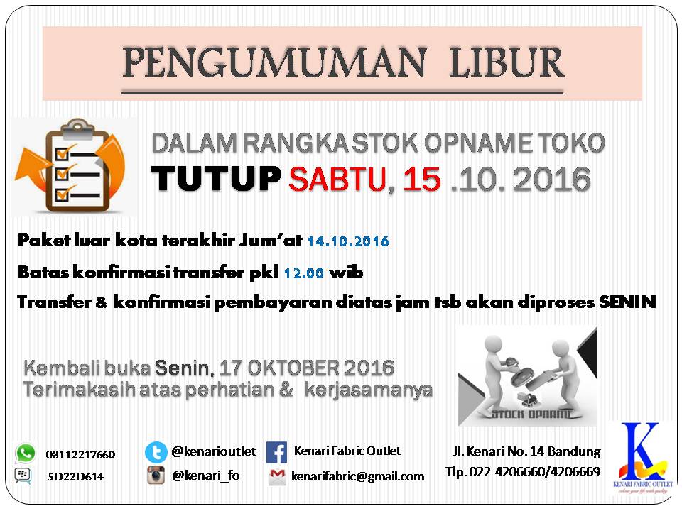 kenarioutlet's tweet photo. info LIBUR, tgl 15 Oktober 2016 toko Kenari TUTUP https://t.co/2mWGecdIu6