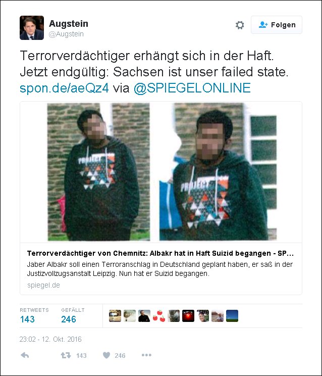 Bedb_Puetz's tweet photo. Klar ist die adoptierte #Bourgeoisie-Blitzbirne @Augstein dabei.
Bitte #Kerze anzünden.

#Sachsen #Albakr #Chemnitz #C0810 #Leipzig #JVA https://t.co/i13T5g7SdU