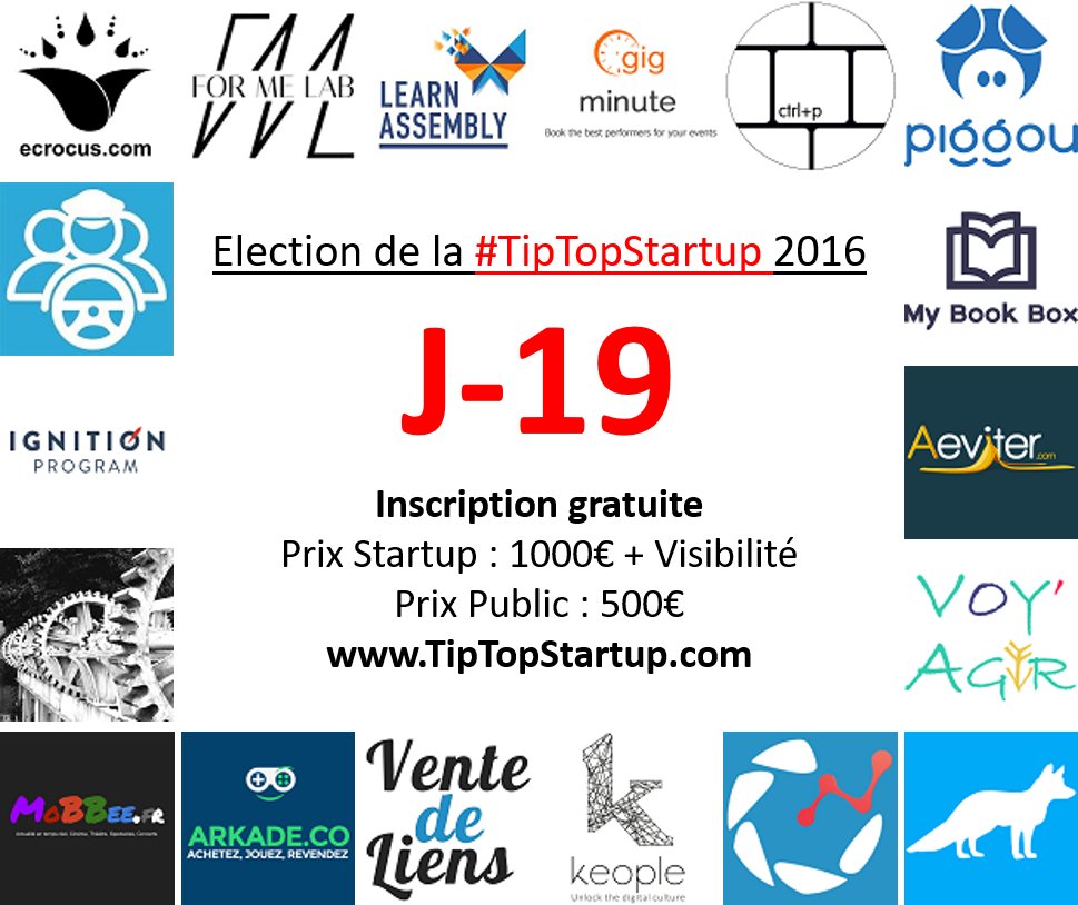 TipTopStartup's tweet photo. Election de la #TipTopStartup 2016 : J-19 @eCrocus @GigMinute_fr @learnassembly @for_me_lab @controlpfr @piggou @Captnbreizh
#Startup https://t.co/kDWEPV3gha