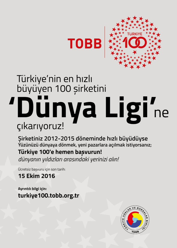 TOBB olarak Türkiye’nin en hızlı büyüyen 100 şirketini ‘Dünya Ligi’ne çıkarıyoruz. turkiye100.tobb.org.tr