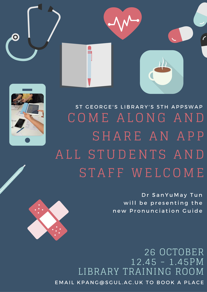 sgullibrary's tweet photo. #AppSwap on Weds 26 Oct for St George's staff & students. Please share! @StGeorgesTrust @drhamedkhan @jround999 @SGUL_SU @StGeorgesUni https://t.co/IwhE5dWAM6