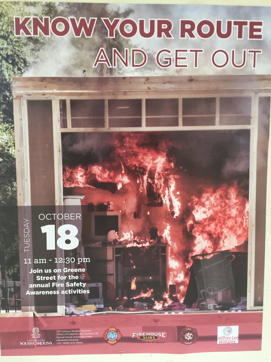 SCFireBen's tweet photo. @UofSC Fire Safety Day is October 18th! Join us on Greene St. for a burn demo with @ColaFire and other exciting events! 🐔🚒🔥🚨 https://t.co/41P745wdjt