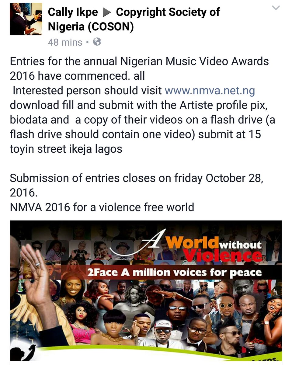 COSONNG's tweet photo. @callyikpe68 announces submission of entries for the NMVA 2016

https://t.co/uguP5r3CRe https://t.co/zaNWNIfUSq