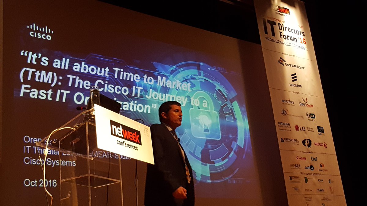 netweek_gr's tweet photo. It's all about Time to Market: The #Cisco #IT Journey to a Fast IT Org w/ Or. Seliger, IT Theater Leader EMEAR South @Cisco_Greece #itdf16gr https://t.co/H9fjJQI0qG