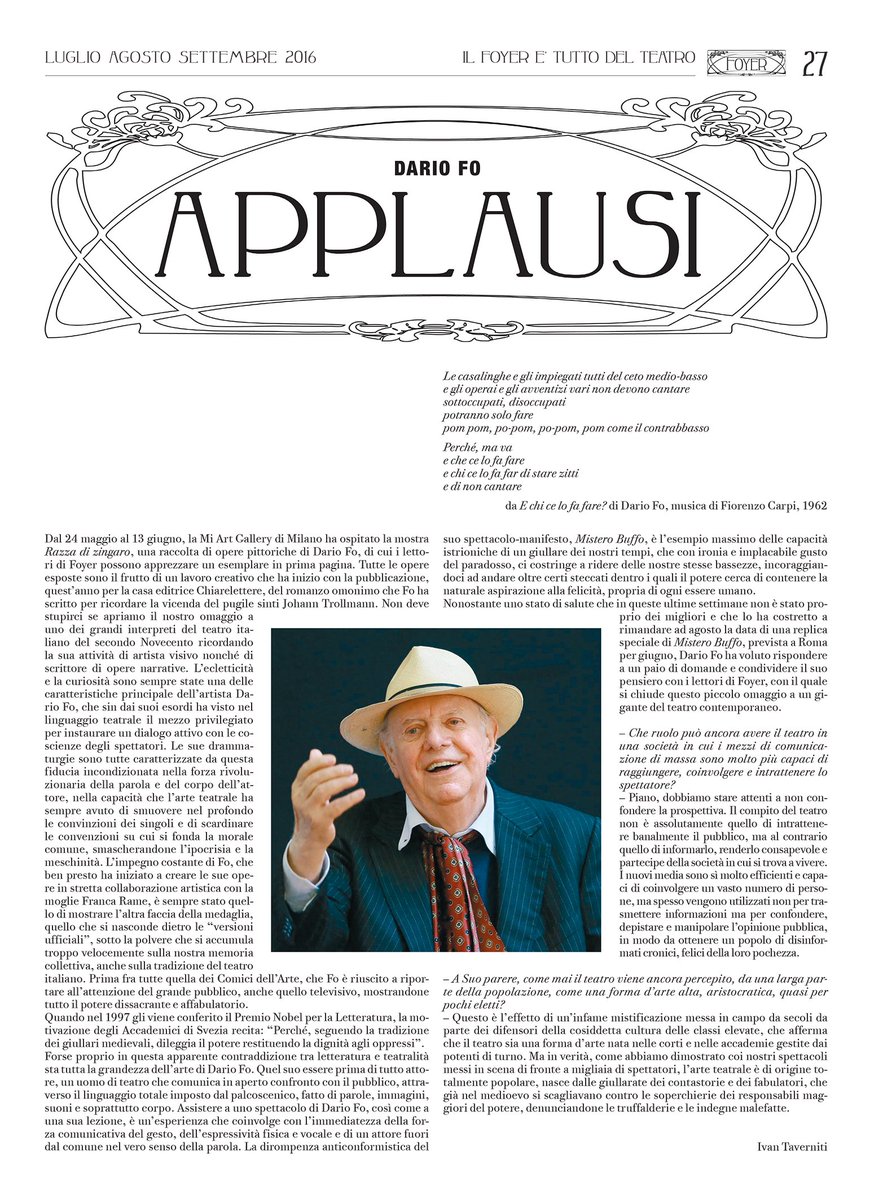 I nostri #Applausi a #DarioFo (a cura di <a href="/IvanTaverniti/">Ivan Taverniti</a>); gli applausi di tutto il #Foyer. #tuttodelteatro