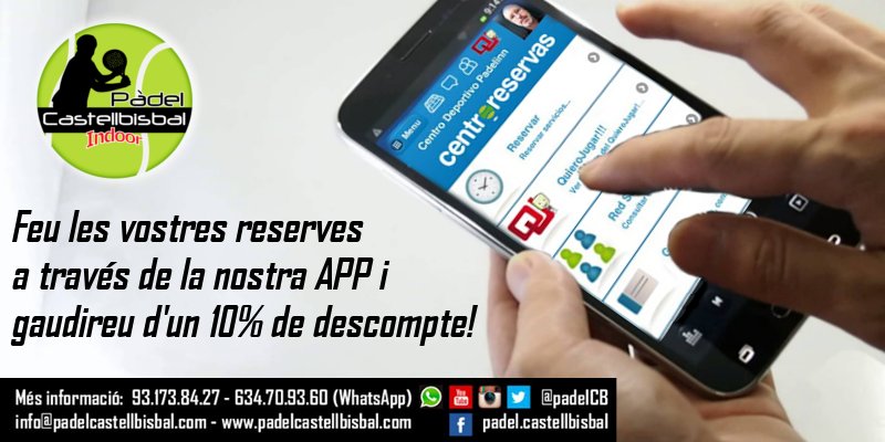 Encara no feu servir la nostra APP per a reservar pista? 😲 Descobriu-la i gaudiu d'un 10% de descompte! Més info: padelcastellbisbal.com/nou-sistema-de…