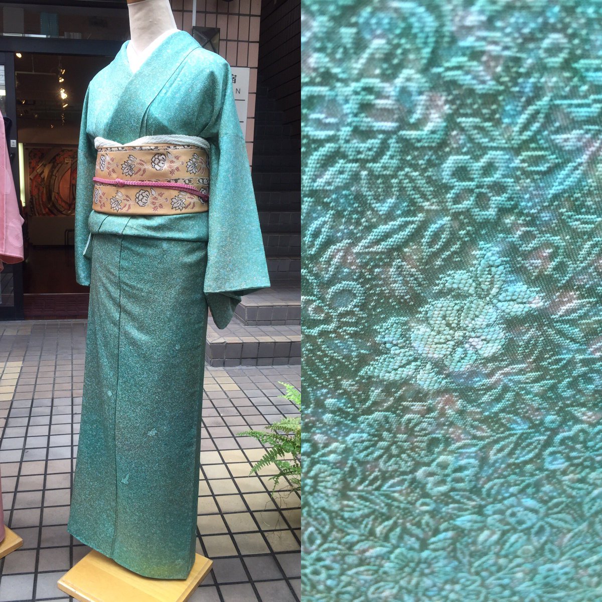 素敵な地紋のエメラルドグリーンの色無地。 お買得価格です❤️ #着物 