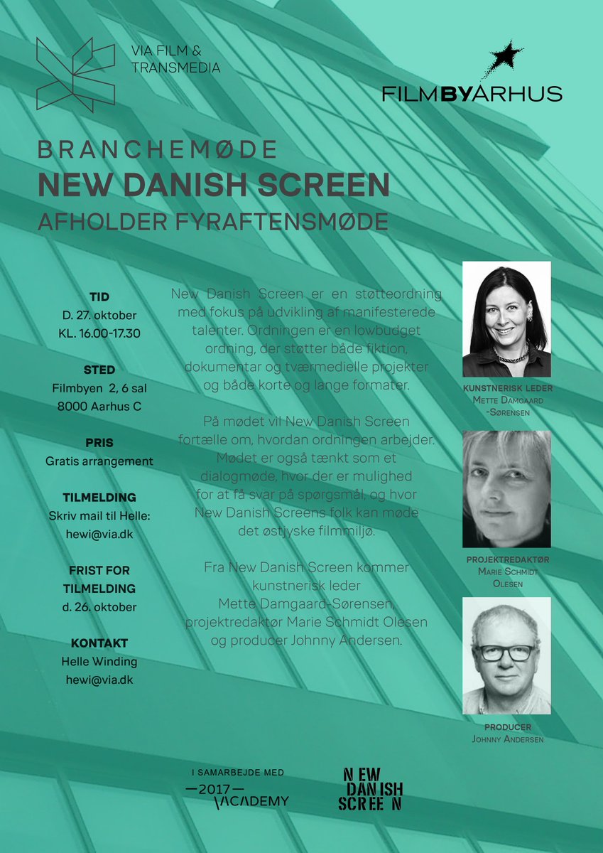 Vær med, når <a href="/NewDanishScreen/">New Danish Screen</a> gæster Aarhus og inviterer til dialog d. 27 Oktober. 
Tilmelding på mail til: hewi@via.dk #newdanishscreen