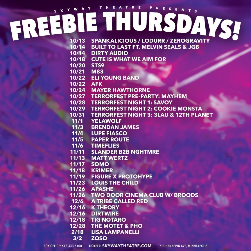 SkywayTheatre's tweet photo. ⚠️*FREEBIE THURSDAY* WIN a PAIR of tix 2 a show! Follow us, retweet, pick a show &amp; tag a friend! Winners picked @ 5pm!⚠️ https://t.co/tJ8fNIC8xH