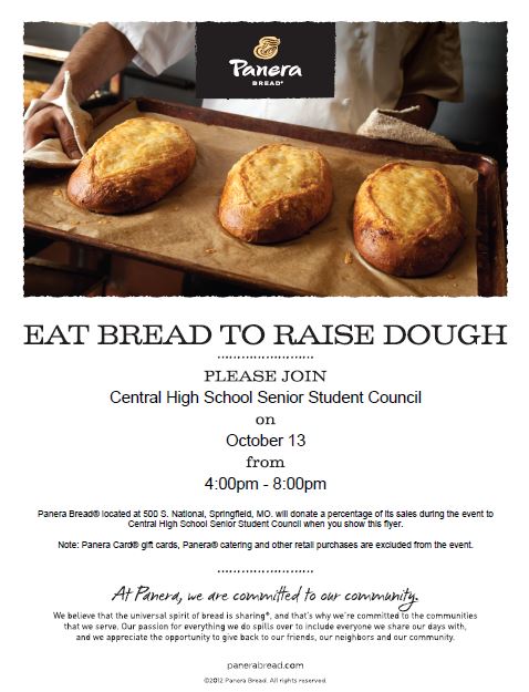 Come to Panera on National tonight from 4-8 to support senior STUCO! 🐾 Make sure to show this flyer! 🍞