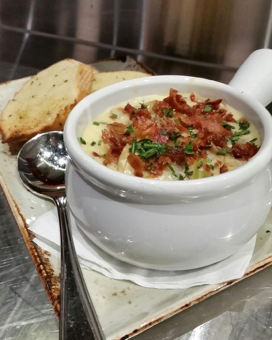 LDNBull's tweet photo. Rain rain go away - Our Clam Chowder will help you warm up on this gloomy day #Langley #comfortfood #londonbull https://t.co/JFKbvyVaja
