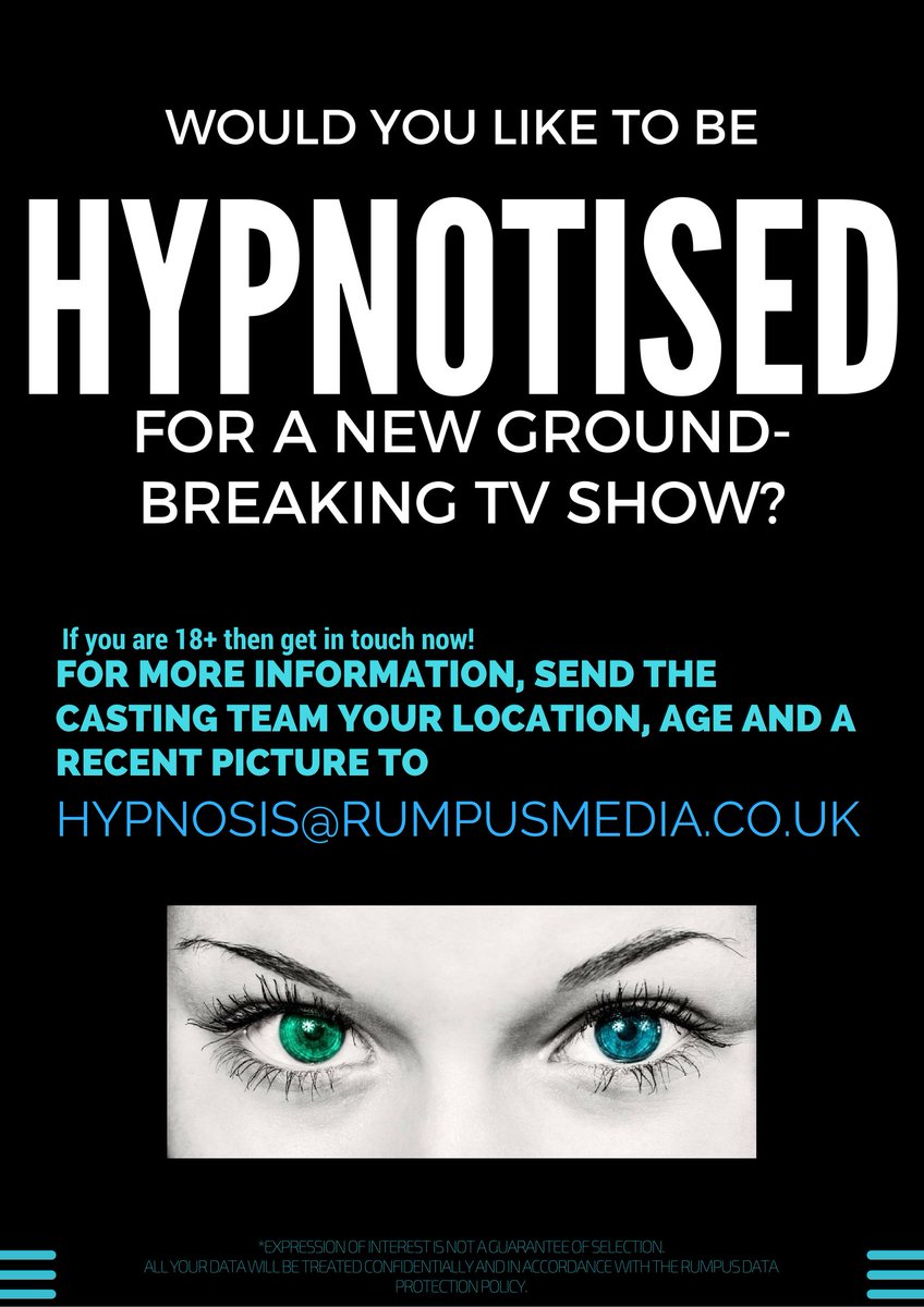 @NaomiHedman PLS RT! Would you like to be hypnotised? Email hypnosis@rumpusmedia.co.uk for more info! #TV #casting