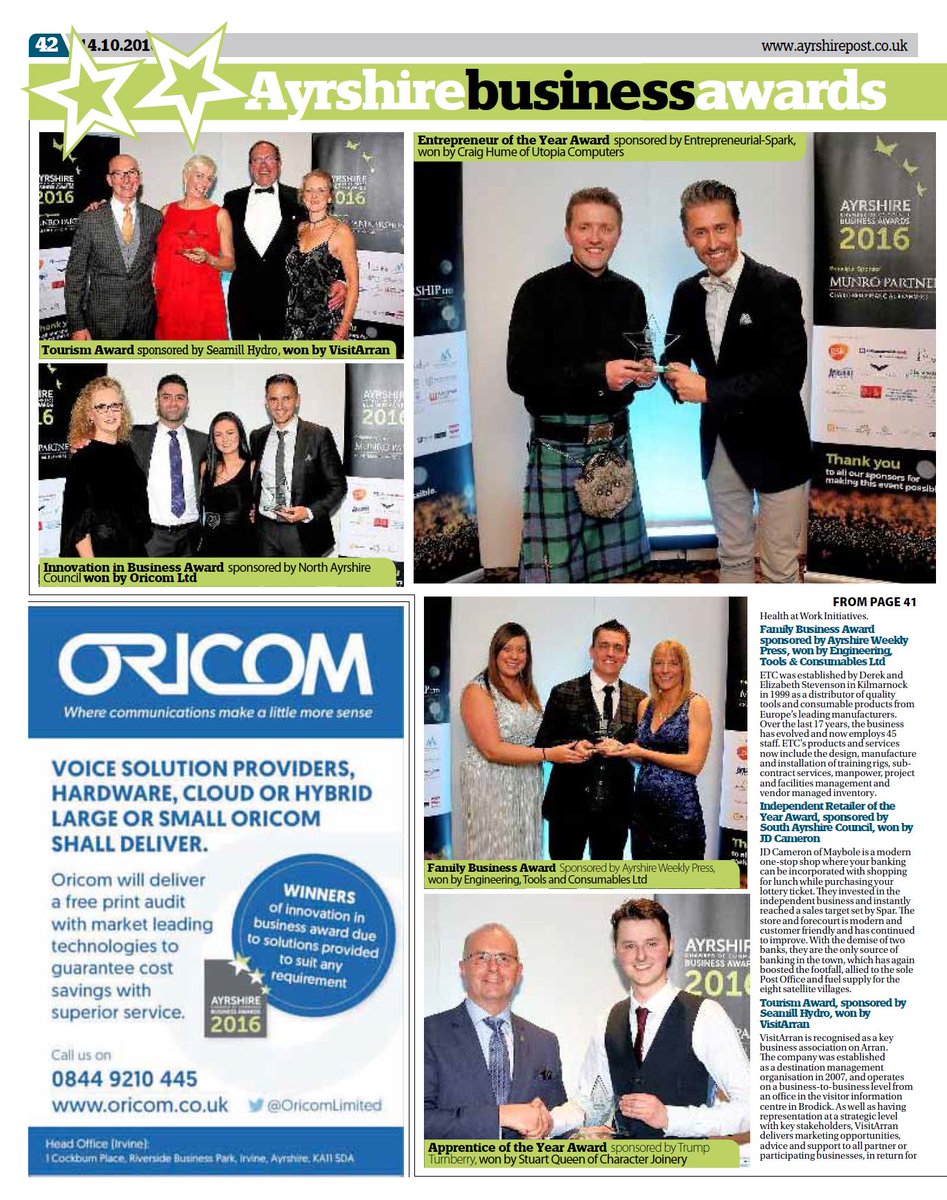 OricomLimited's tweet photo. More coverage of our Innovation Award win at The Ayrshire Business Awards in this week's @ayrshirepost. #ABA16 @AyrshireChamber https://t.co/QhMaYjecY2