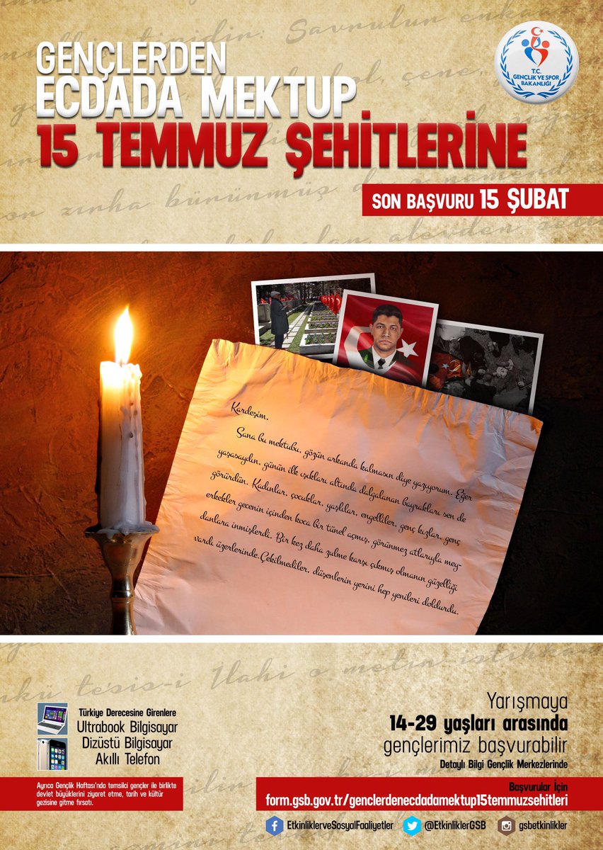 "Gençlerden Ecdada Mektup 15 Temmuz Şehitlerine" yarışması başvuruları başlıyor.