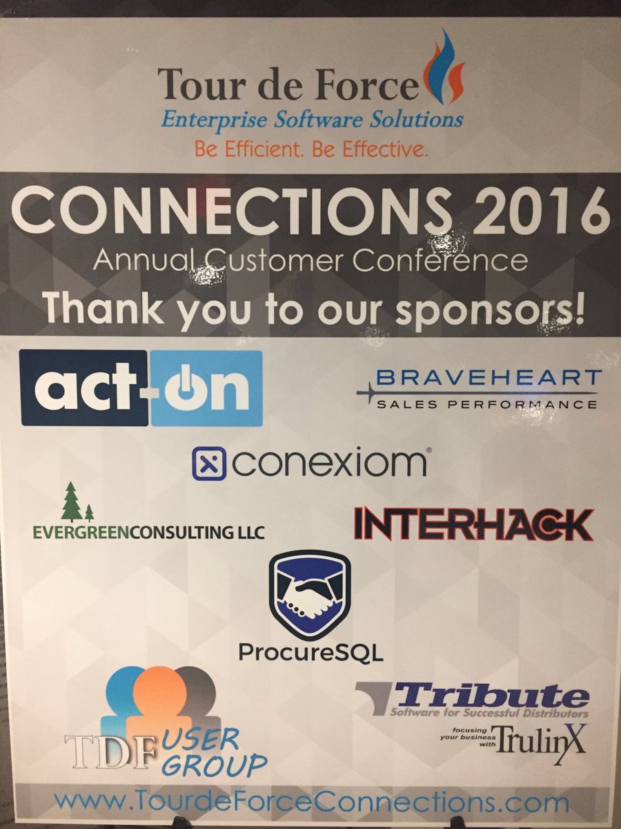 TDFIncPartners's tweet photo. TY  @ActOnSoftware @BraveheartSales @ConexiomPowered @evergreencllc @johnsterrett @TributeInc for being a part of the @TourDeForceCRM Conf! https://t.co/j8hpLbNRmj