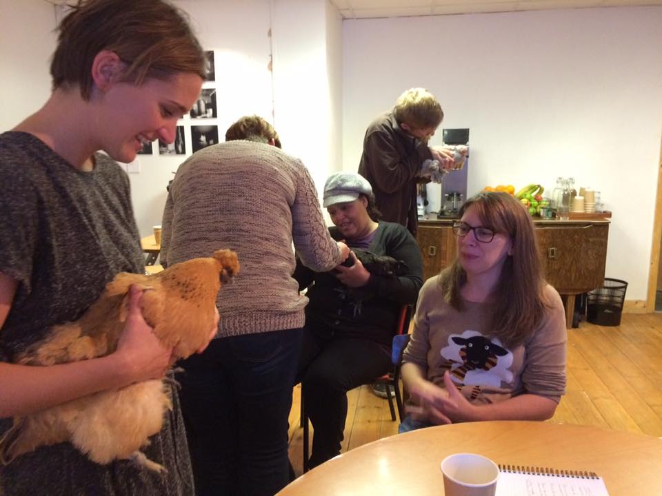 cackleandswarm's tweet photo. #Chicken cuddles and coffee at last night's @cardiffsquirrel workshop. Thanks for coming everyone! @GreenCityEvents https://t.co/G4CCn04uQC