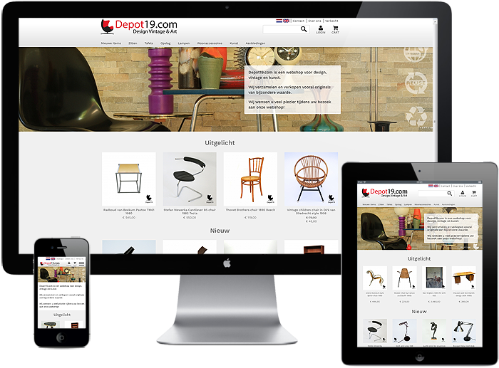2-talige webshop met productfilter opgeleverd voor Depot 19: Vintage meubelen, accessoires en kunst: depot19.com #CMSMS #vintage