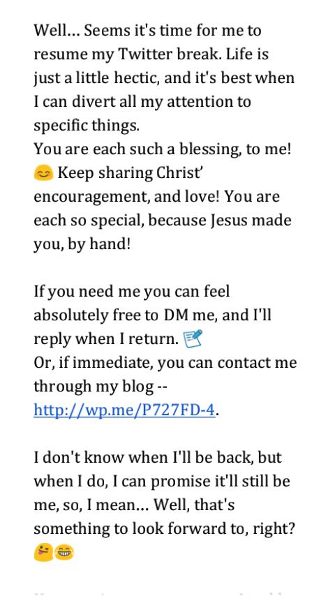 MKAneal's tweet photo. Goodbye, for now my friends! 🙋

And, the links:
(Contact:) https://t.co/loaHmZdPhz
(On Knowing Jesus:) https://t.co/Stmx9LAEy6

*Huge hugs!* https://t.co/1N5uiCXfdX