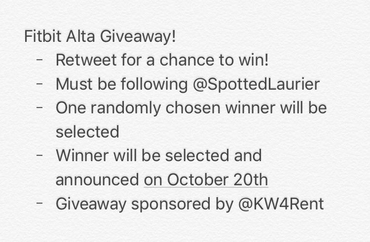 SpottedLaurier's tweet photo. *GIVEAWAY*
Retweet for a chance to win a Fitbit Alta!! Big thanks goes to @KW4Rent! Details in the photos below. #SpottedAtLaurier https://t.co/VDsFZvr5gC