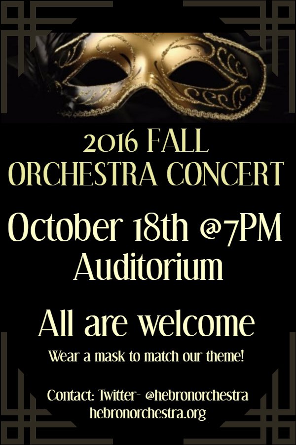 hebronorchestra's tweet image. OCTOBER 18 is our first concert of the year!! Listen to some great music and support the Hebron Orchestra! 🎶🎭