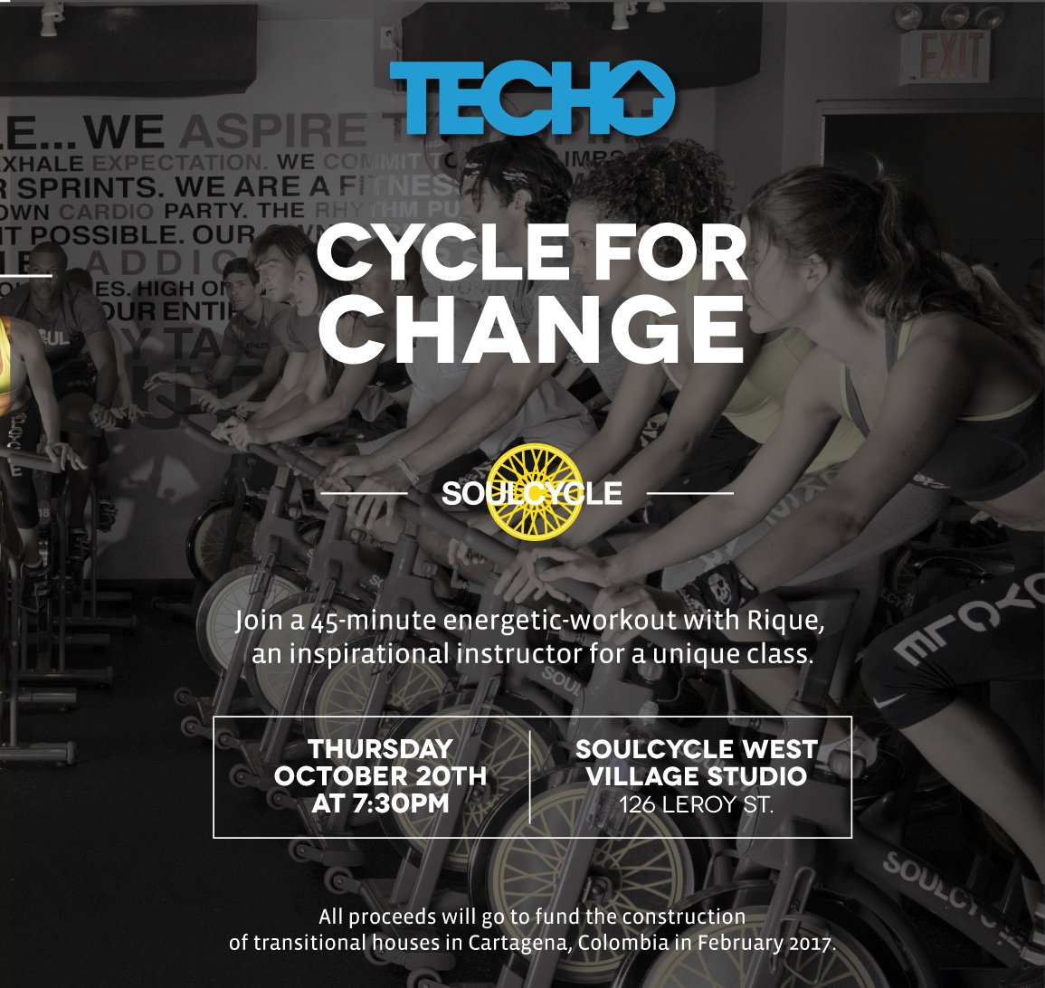 TECHOus's tweet image. Join us for the charity ride on Oct. 20th at @SoulCycle #WestVillage with @RiqueUresti! Reserve your bike from $35! crowdrise.com/techo-soulcycl…