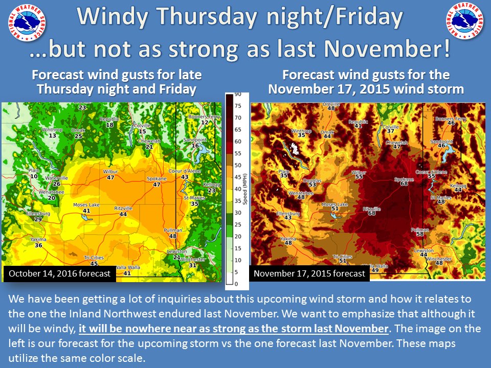 NWSSpokane's tweet photo. Again we want to reiterate that these winds are not going to be as bad as the windstorm last Nov. Here are the 2 forecasts for comparison https://t.co/0tDI0OcxH0