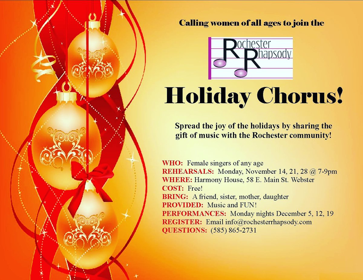 Rehearsals for our Holiday Chorus begin November 14th! Do you have Monday nights free? Come sing with Rochester Rhapsody!