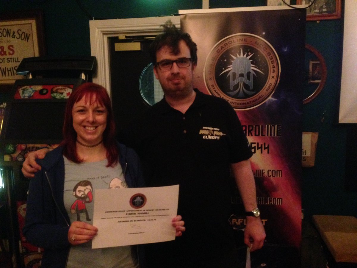 USS_Caroline's tweet photo. New appointments tonight. XO Ciaran Martian, Science Officer Carol Hamill and Comms Officer Mark Hughes #LLAP #Starfleet #hudson #caroline https://t.co/B4xbPL9Y0S