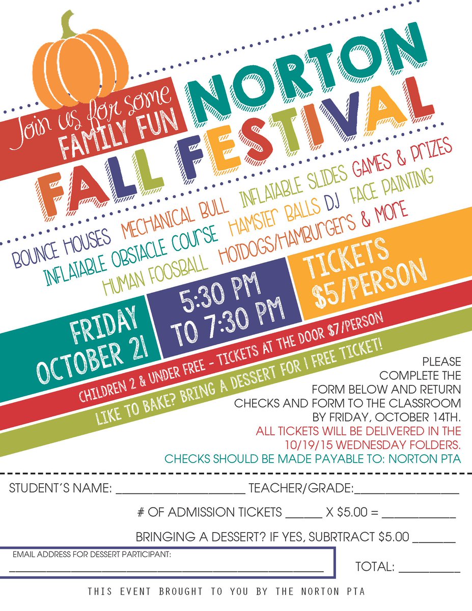 Fall Festival is coming!  Friday, Oct 21st from 5:30-7:30pm for a fun, family evening! Order &amp; bake sale forms went home in Wed Folders