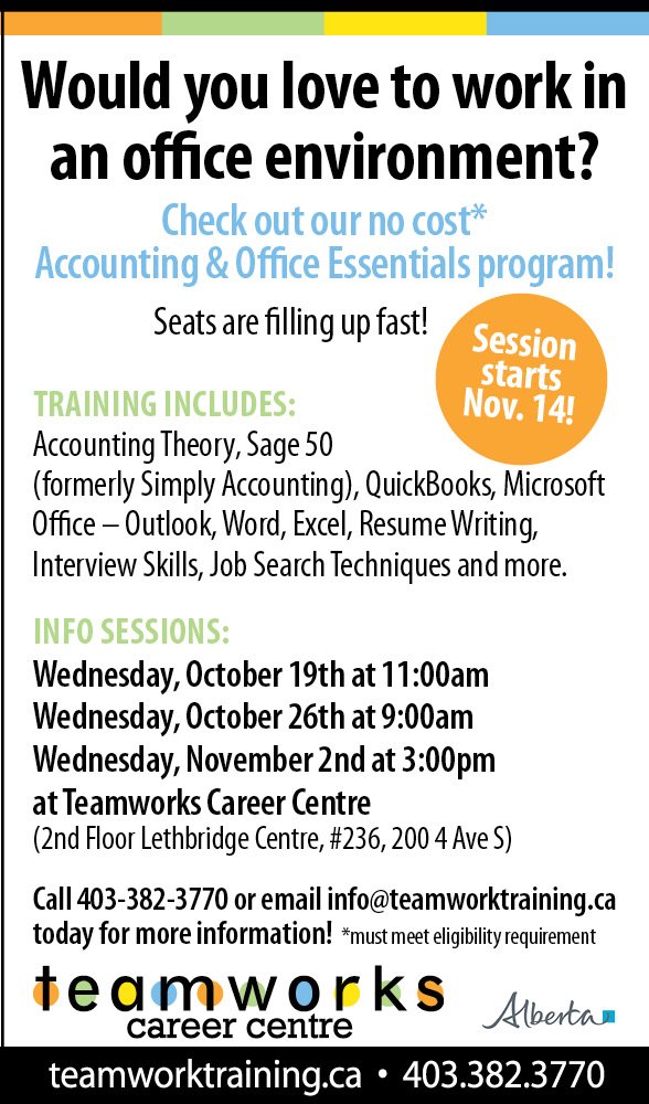 TeamworksCareer's tweet photo. Info session for #Accounting &amp; #Office Essentials next week! 11am Oct 19, here @TeamworksCareer Come ask any ?s about our program! https://t.co/pZ1XiUUX6h