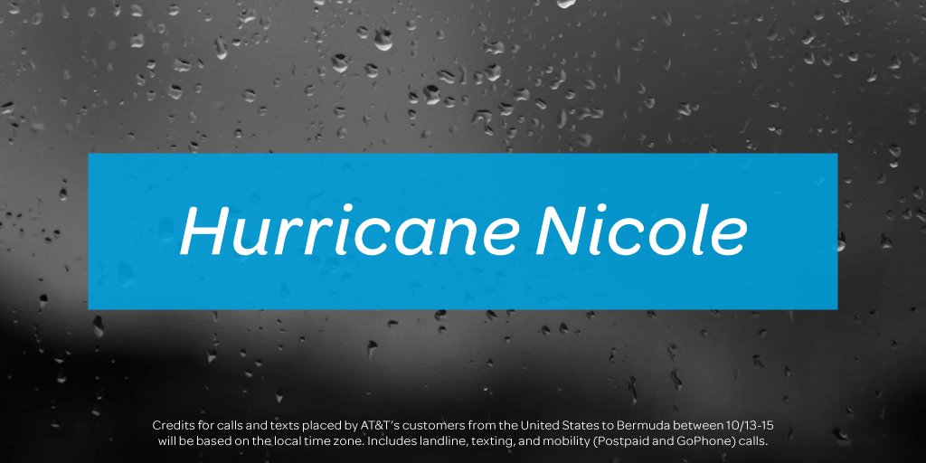 ATT's tweet photo. To our customers w/ loved ones impacted by #HurricaneNicole, we'll credit calls/texts from U.S. to Bermuda 10/13-15: https://t.co/bTEciCZCoZ https://t.co/tyNIIB4B1w