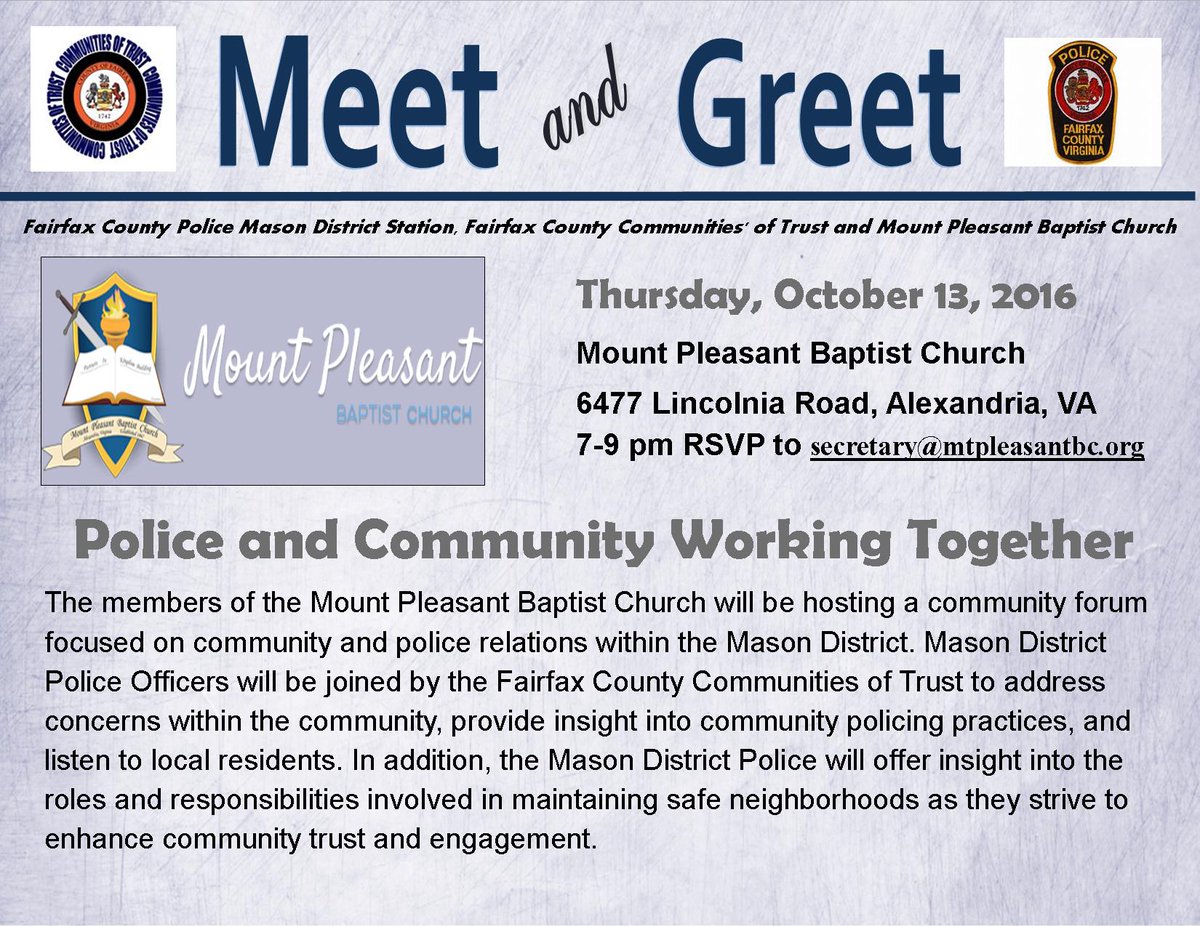 TheMountMPBC's tweet image. #MPBC Want all to join us &amp;amp; @fairfaxpolice Tonight for our MEET &amp;amp; GREET October 13th | 7:00pm tonight Topic: Community and police relations