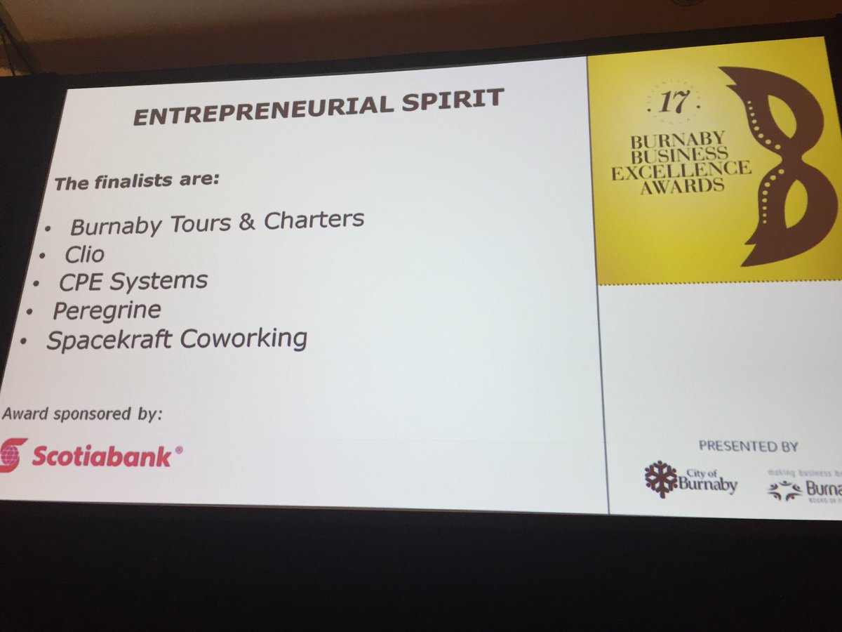 ToniaNewton's tweet photo. Pleased to also be among the finalists in the Entrepreneurial Spirit - congrats all! #BBEA @BurnabyBOT @goclio https://t.co/Qm5vHEe29d
