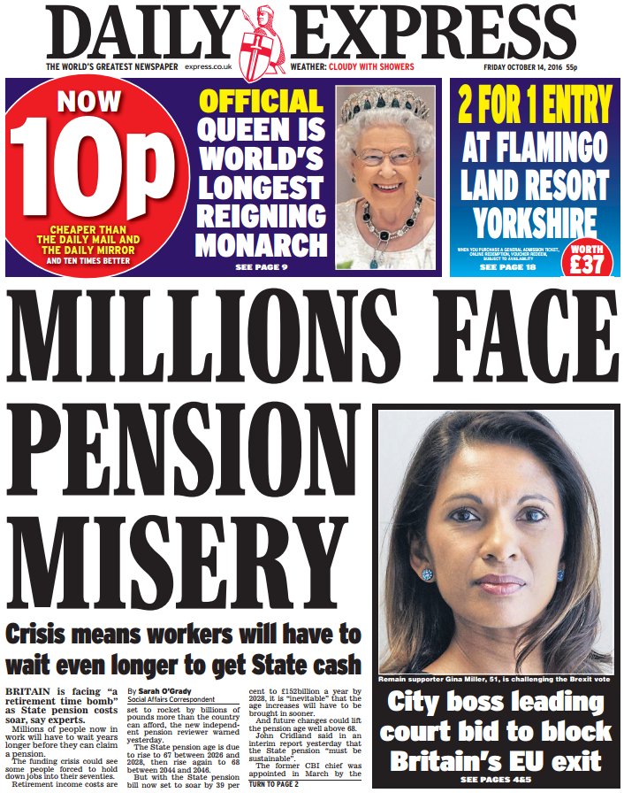 DAILY EXPRESS FRONT PAGE 'Millions face pension misery' skypapers