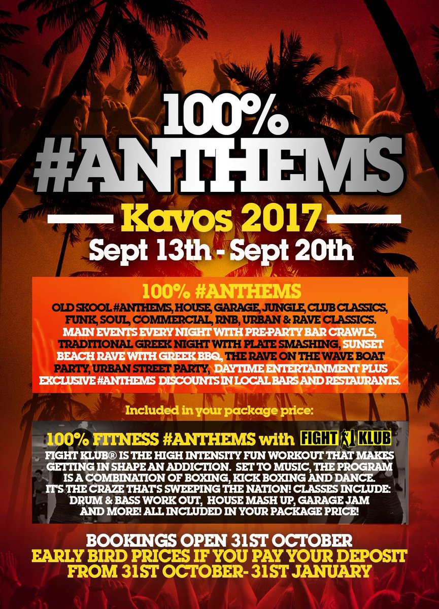 100anthems's tweet photo. Here's our pre flyer for #Kavos2017 - Full line up and booking details released on 31/10/16 🔥🔥🔥🔥 https://t.co/sL4AFLjhSP