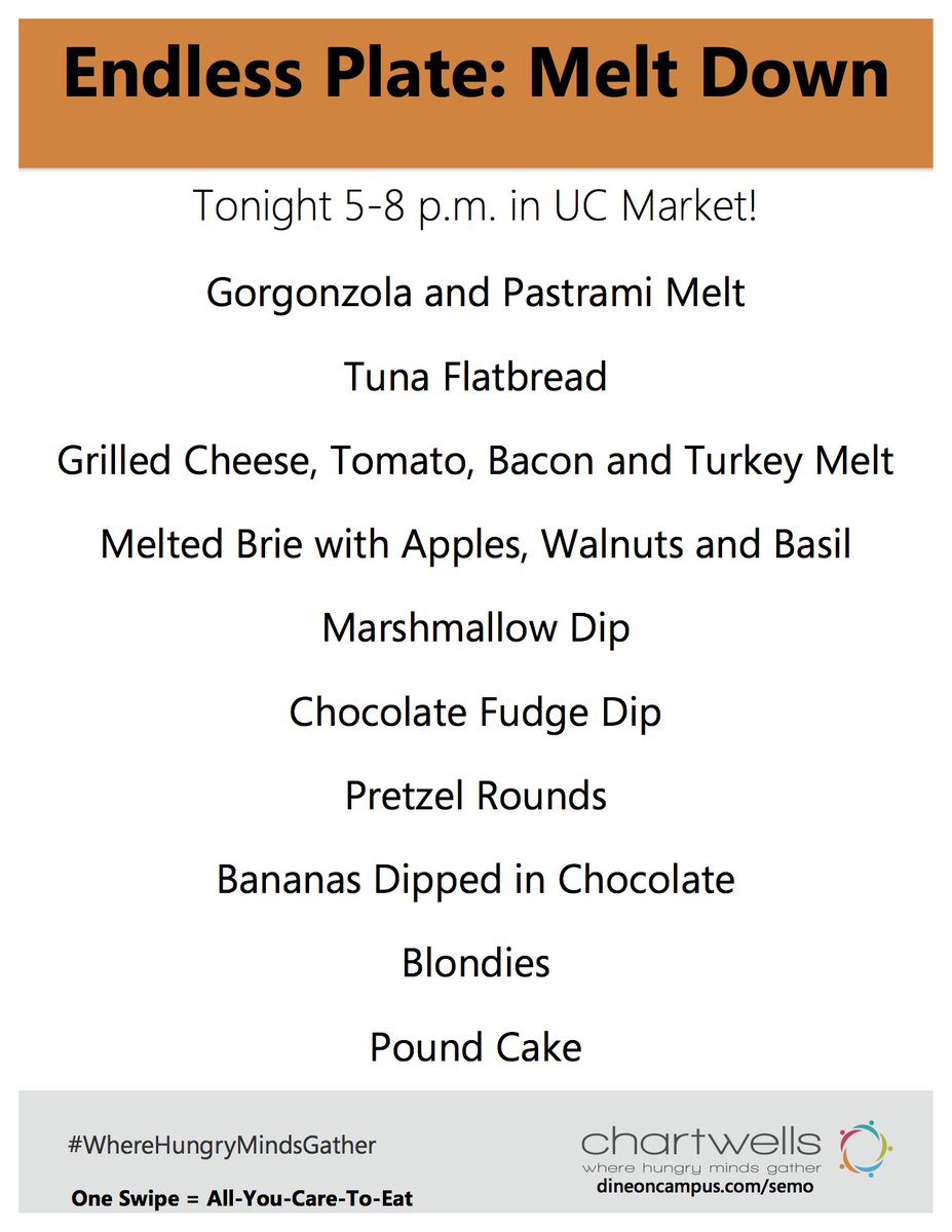 SEMOdining's tweet photo. @SECampusLife @SEMissouriState @ResLifeSEMO @SemoShoutOut @SEMOdiningRD  New Time 5:00-8:00pm! :) Thank you! https://t.co/wBh85RT3Ae