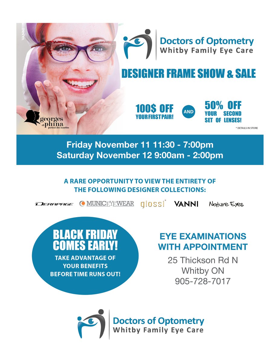 whitbyeyecare's tweet photo. Join us on November 11th & 12th for our #designer frame show! Featuring #Vanni #glossi #natureeyes #derepage @georgesetphina
#whitby https://t.co/GI7bHljsJ6
