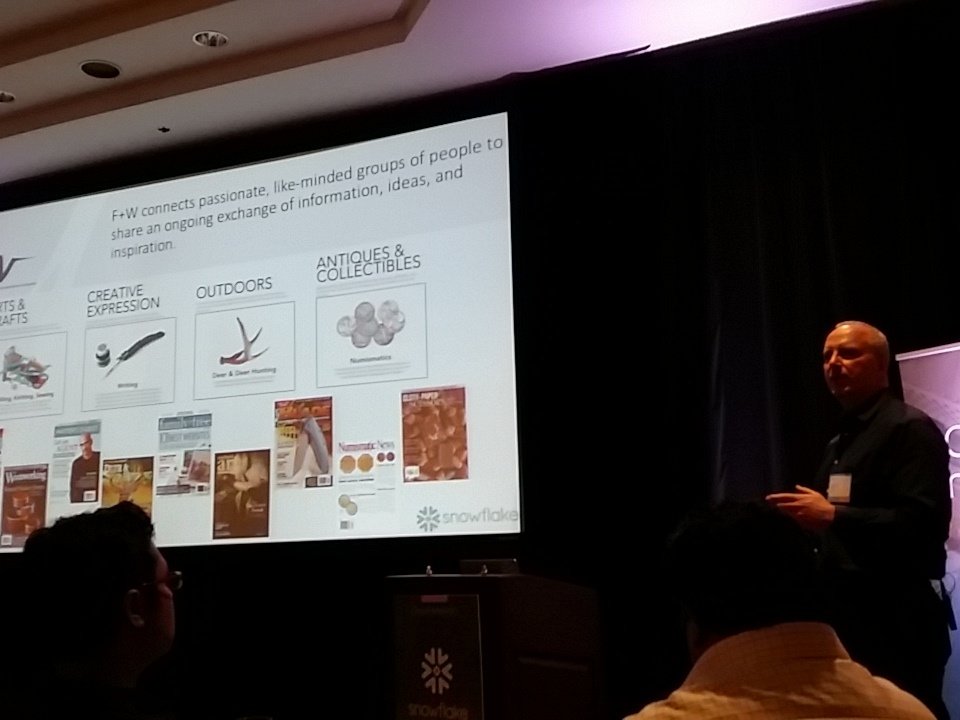 KentGraziano's tweet photo. Greg Sitzman from F+W MEDIA talks about the journey to @SnowflakeDB using #DataVault #SnowflakeTour #AllYourData https://t.co/kIVuNVeLiR