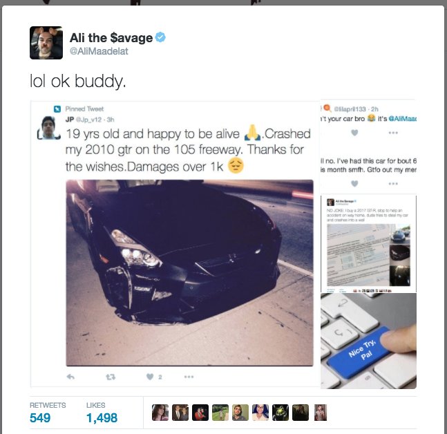 AliMaadelat's tweet photo. Kid pretends he owns my new GT-R, gets called out by twitter, so he steals pics of a totally different car and posts it as proof. IM SICK. https://t.co/0KChkHhWeP