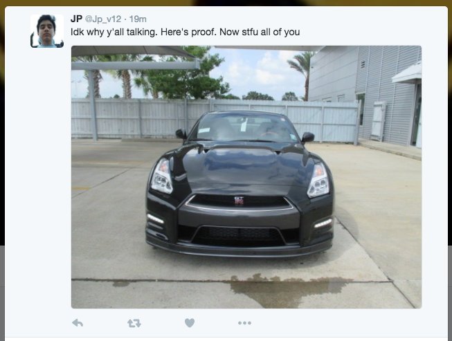 AliMaadelat's tweet photo. Kid pretends he owns my new GT-R, gets called out by twitter, so he steals pics of a totally different car and posts it as proof. IM SICK. https://t.co/0KChkHhWeP