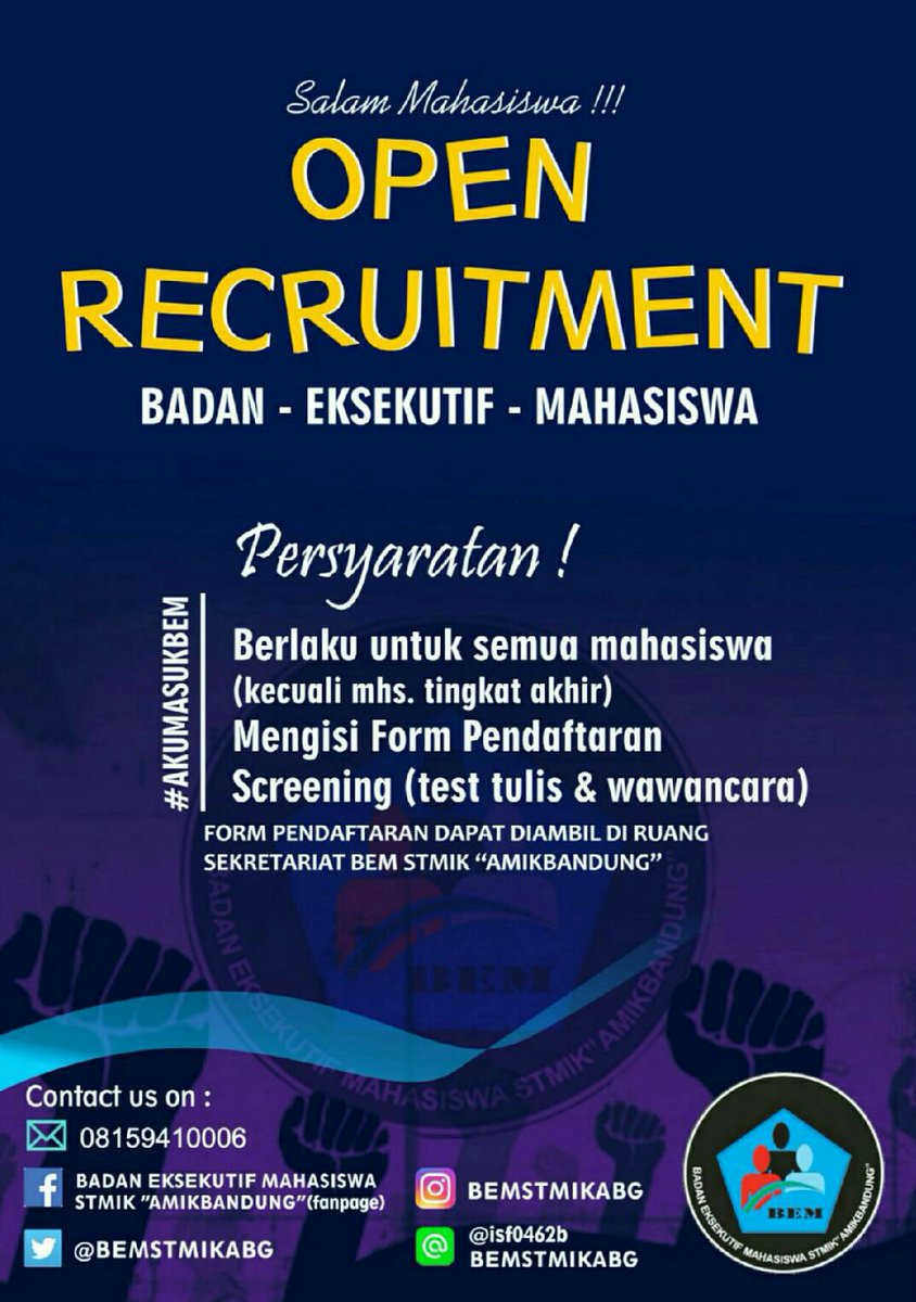 BEMSTMIKABG's tweet photo. Selamat pagi, Salam mahasiswa ! bagi yang ingin mendaftar sebagai calon anggota bem bisa lihat informasi di poster.
#KITABEM #MASUKBEM https://t.co/8Mfjx6MSak