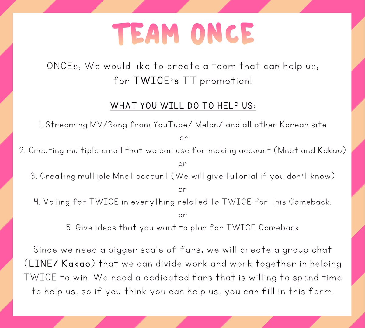 TWICE_GLOBAL's tweet photo. Would you like to be part of Team ONCE? Join the team, and help us make TWICE's Comeback a success! 

https://t.co/ptSR73aHoi https://t.co/xk7BTT7pqr