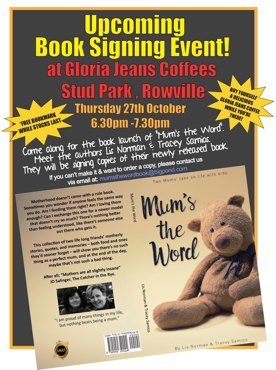 TraceyandLis's tweet photo. Come along to our #book launch Thursday 27th October 6.30pm -7.30pm at #gloriajeans #studpark #rowville #mums #parenting #booksigning #mum https://t.co/u5b3TV2LZR
