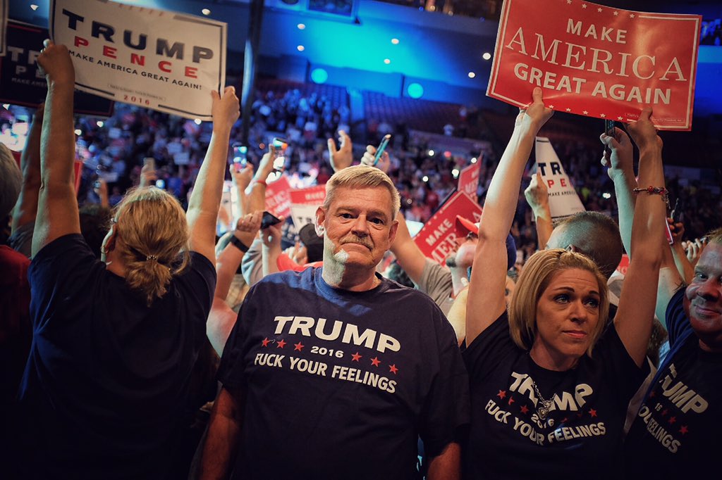 Frank Thorp V on Twitter: "Randy Rigdon of Cincinnati wears a "TRUMP 2016 - FUCK  YOUR FEELINGS" shirt at Trump's rally at the US Bank Arena ==>  https://t.co/HFDnuJYdHJ" / Twitter