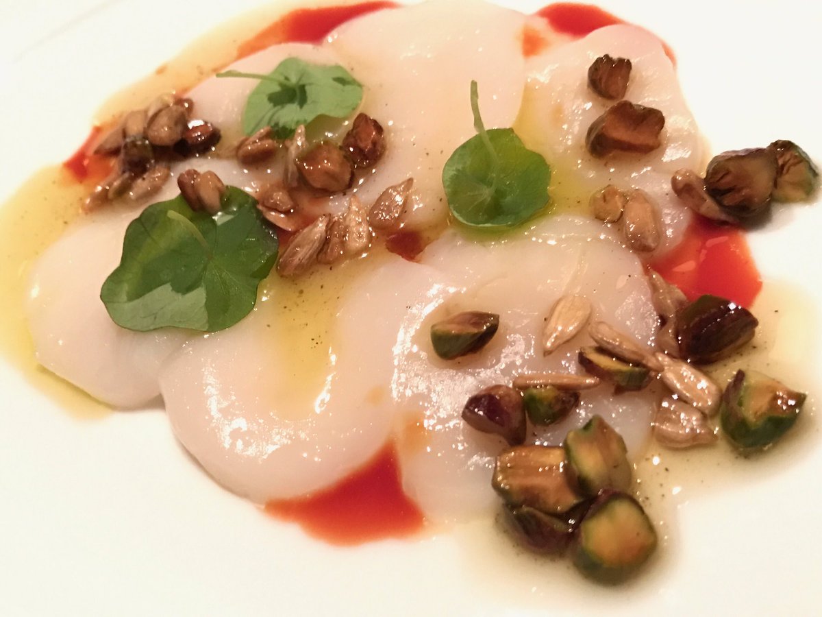 Scallop Crudo with sunflower seeds, pistachios, brown butter &amp; blood orange reduction paired with Roca <a href="/Patron/">Patrón Tequila</a> Silver | <a href="/SCCulinarySuite/">SC Culinary Suite</a>