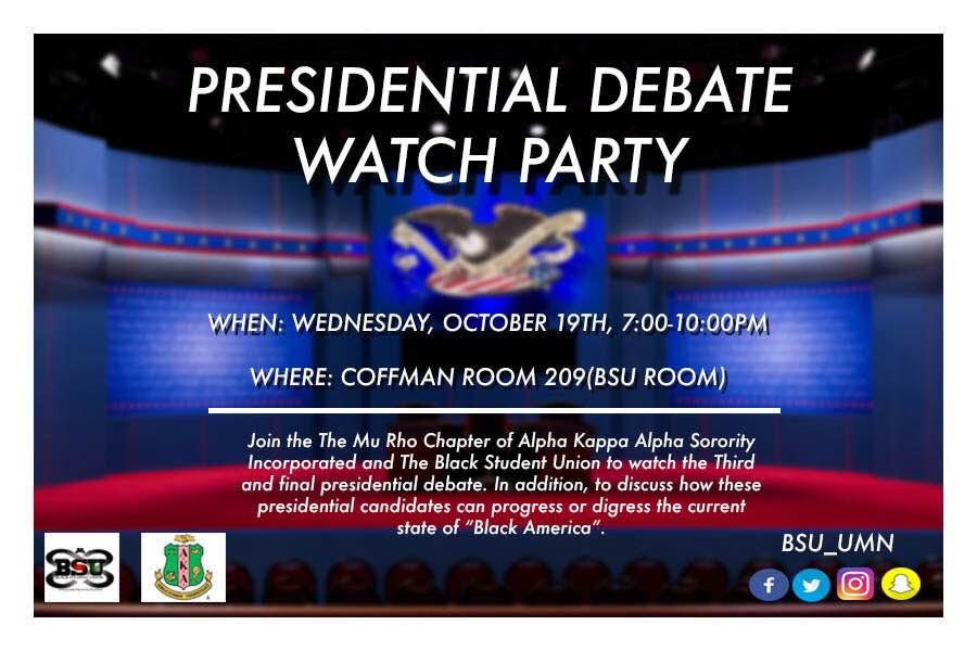 Want to discuss the presidential debate? Come join the Mu Rho Chapter AKA's and the Black Student Union on Wednesday, October 19th, 7-10pm.