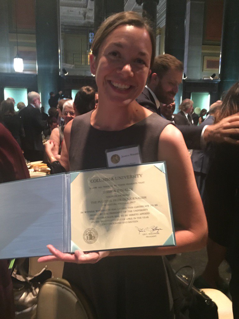 Jess Rinaldi, the Globe's Pulitzer winning photographer, with her prize. Great night at Columbia.