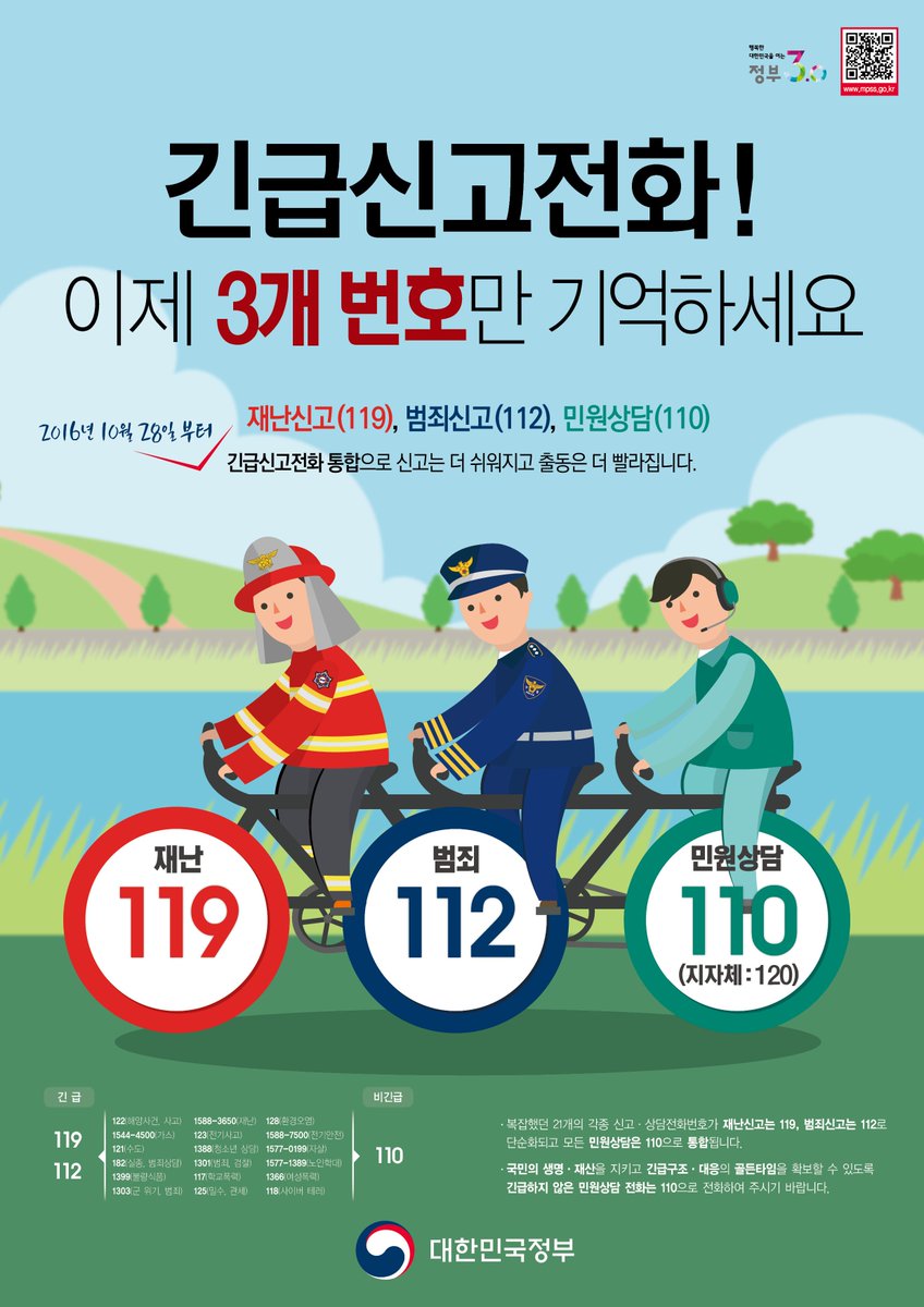 유형에 따른 21개의 긴급신고전화!

10월28일부터는 3개로 통합해서 운영됩니다!

긴급(재난 119, 범죄 112) , 비긴급(민원상담 120)

이렇게 전화주시면 됩니다

민원상담은 중앙기관이 110, 지자체는 120 입니다!