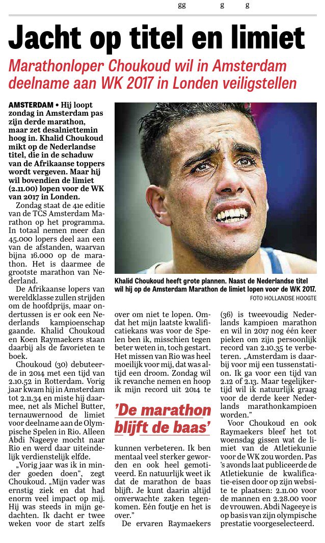 EricRoeske's tweet photo. Vandaag in de #Telegraaf 'Jacht op titel en limiet' over Khalid Choukoud en Koen Raymaekers in de Amsterdam Marathon #TCSAM16 by #EricR https://t.co/qhASivxO2f