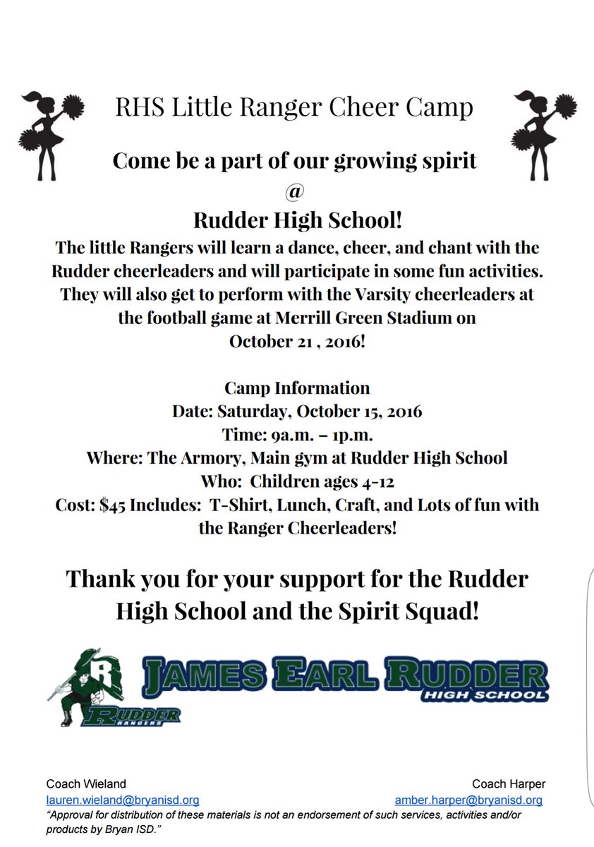 It's not too late to sign up for our Little Ranger Cheer Camp! Register at the door if you didn't get a flyer! Hope to see you Saturday!